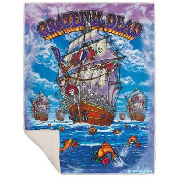 New Grateful Dead Ship of Fools Fleece Sherpa Back Gift Throw Blanket Skeletons - Picture 5 of 5